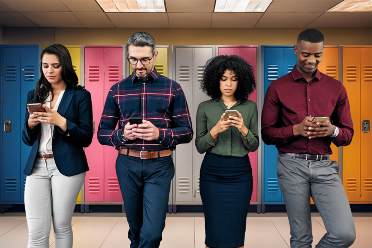 young adults on phones in front of lockers